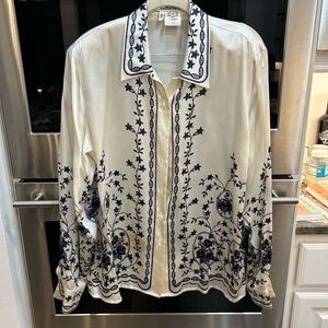 Escada ivory & blue 100 percent silk  Blouse, size 44, has stains but GUC